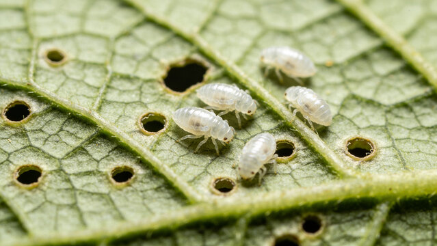 Closeup of small insects on a green leaf in agricultural setting for pest management study