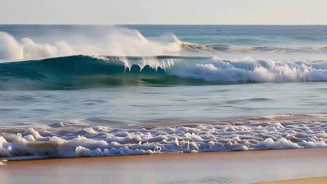 ocean waves on sandy beach with white foam and blue horizon