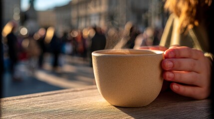 Morning coffee moment busy square lifestyle snapshot urban environment close-up view warmth of connection