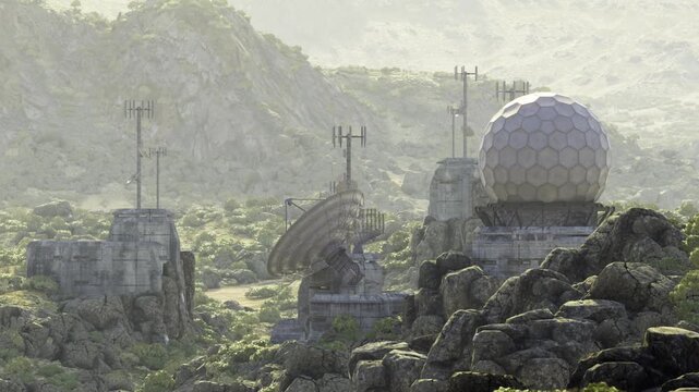 Satellite ground station with parabolic dishes and large dome under golden light, clustered antennas on rocky plateau, intricate cabling, low sun backlight,
