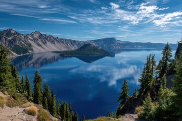 Crater Lake View: Deep blue caldera lake framed by rugged cliffs and evergreen forest