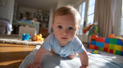 Fototapeta premium Crawling baby boy in a cozy indoor living room exploring a soft mat under warm natural light