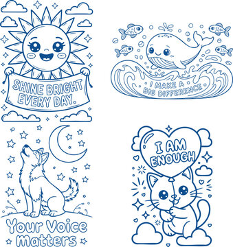 Cute cartoon sun whale wolf and cat with positive affirmation messages Coloring Book page Bundle