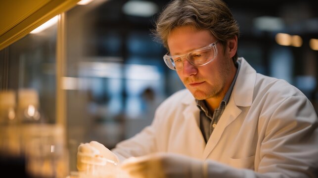 Neuropharmacologist testing new addiction medication compounds on cell cultures in biosafety cabinet research facility, perfect for drug development pharmaceutical science craving reduction, and