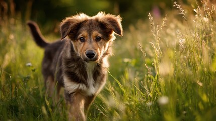 Curious puppy exploring a bright meadow with golden fur