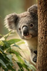 Fototapeta premium Curious koala perched on a eucalyptus branch in soft morning light