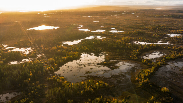 Aerial view of golden sunlight kissing the serene lakes and boreal forests, casting long shadows across the tranquil landscape, Enontekio Kilpisjarvi, Lappi, Finland.