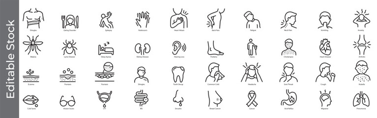 Medical conditions and health symptoms icon set – editable outline symbols of disease, pain, breast cancer, infection, allergy and diagnosis, common illness symptoms icon set