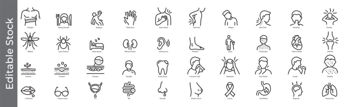 Medical conditions and health symptoms icon set &ndash; editable outline symbols of disease, pain, breast cancer, infection, allergy and diagnosis, common illness symptoms icon set
