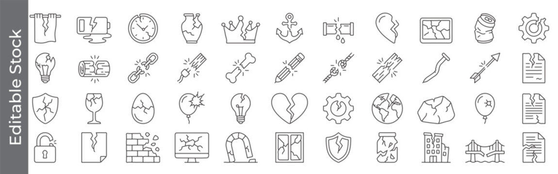 Broken, damaged and cracked object icon set &ndash; editable outline symbols of fracture, shatter, split, destruction and failure