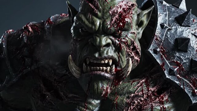 Fierce orc warrior with glowing eyes breathing smoke. Angry monster with bloody face and metal armor. Fantasy character in dark battle, epic cinematic creature.