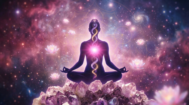 Sacred Feminine Meditation: Silhouette of an ethereal woman with a glowing heart chakra and Kundalini energy rising against a backdrop of cosmic nebula