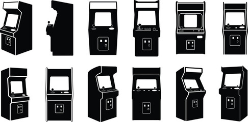 arcade machine silhouette set, retro gaming cabinet collection, classic video game console icons, vintage entertainment equipment vector illustration © lokman