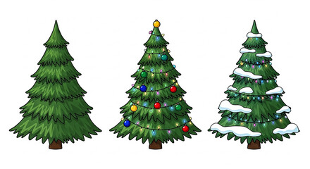 Fototapeta premium Illustrated Set of Plain, Decorated, and Snowy Christmas Trees