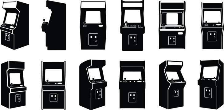 arcade machine silhouette set, retro gaming cabinet collection, classic video game console icons, vintage entertainment equipment vector illustration