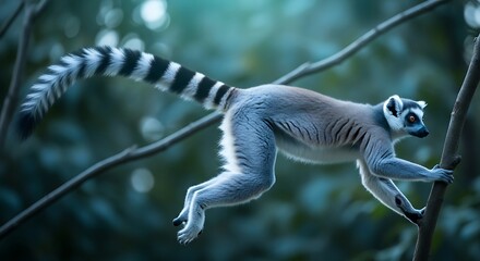 Fototapeta premium Ring tailed Lemur Jumps Between Tree Branches