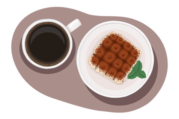 Italian tiramisu and espresso coffee top view vector food illustration. Hand drawn composition with cake and mint leaf on plate. Cream dessert for cafe menu design. Perfect for restaurant packaging. © NadyaSaen 