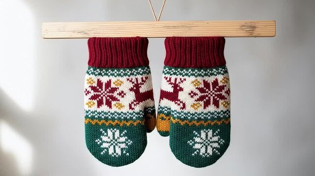 Knitted mittens with deer and snowflake patterns hanging from a wooden rod on neutral background