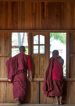 Novices monks looking thru a window, Inle lake, Myanmar