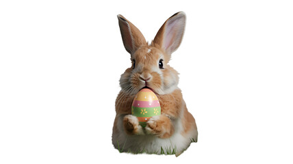 Obraz premium Brown easter bunny holding colorful egg in paws soft lighting cute expression isolated on transparent white background png