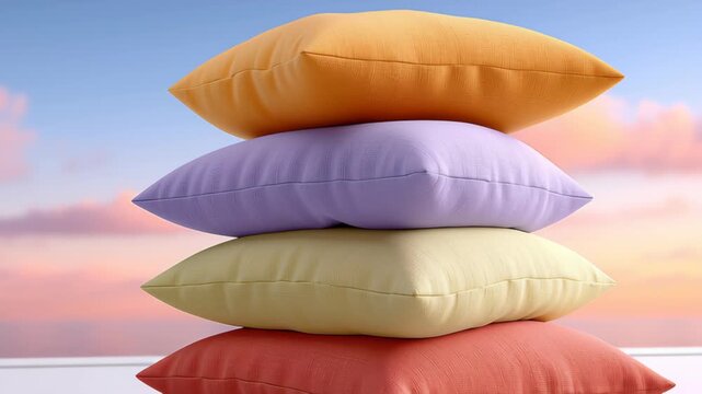 Colorful stacked pillows in shades of orange, purple, yellow, and pink against a serene sunset sky, showcasing a vibrant home decor arrangement