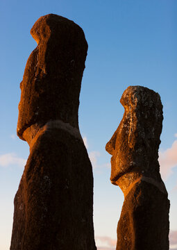 Moais in ahu akivi at sunset, Easter Island, Hanga Roa, Chile
