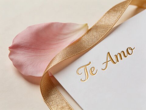 Elegant &ldquo;Te Amo&rdquo; Love Card with Gold Ribbon and Pink Petal &ndash; AI Generated