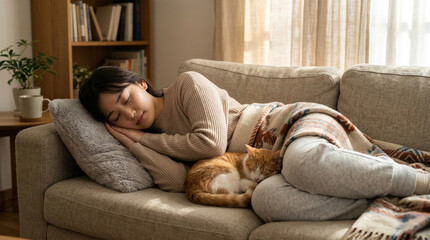 Obraz premium 暖かいブランケットを掛けてソファーで猫と一緒に眠るリラックスした女性