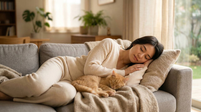 明るいリビングのソファーで猫と添い寝するルームウェア姿の女性の休息