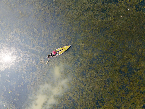 Aerial view of a small boat drifting through the algae-filled, sun-dappled water, creating a serene contrast of light and shadow, Rajbari, Bangladesh.