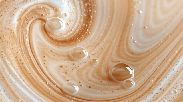 Creamy coffee swirl with frothy texture and bubbles in close-up view