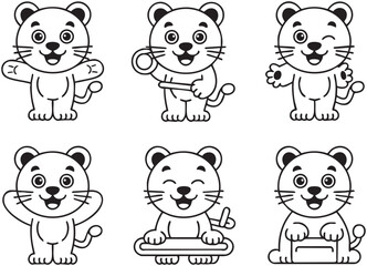 Obraz premium Six cartoon black and white lions with different playful poses and Coloring Book page Bundle