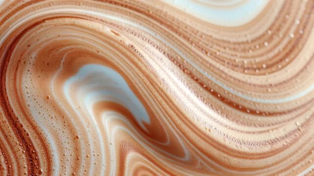 Cream and coffee swirl pattern in a cup, close-up view of liquid texture
