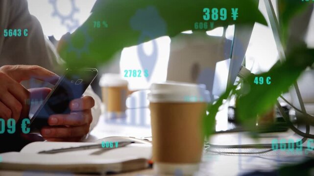 Man tapping phone and scrolling at desk, causing green overlays floating over notes, analyzing data
