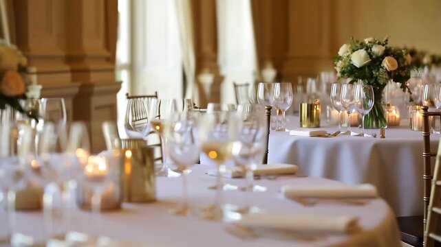 Banquet hall with elegant table setting and soft lighting atmosphere featuring restaurant, dinner, luxury with fine and dining elements for event,