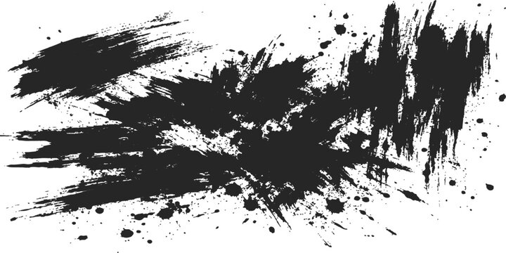 A grungy black ink splat texture featuring artistic paint splashes and a liquid drip design element on a dirty vector illustration frame