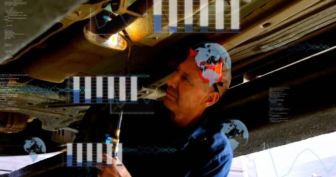 Mechanic placing torch, igniting blue flame, heating exhaust, repairing muffler, overlays appearing
