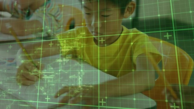 Schoolboy in yellow pencil touching paper, learning, green grid overlay hovering over paper