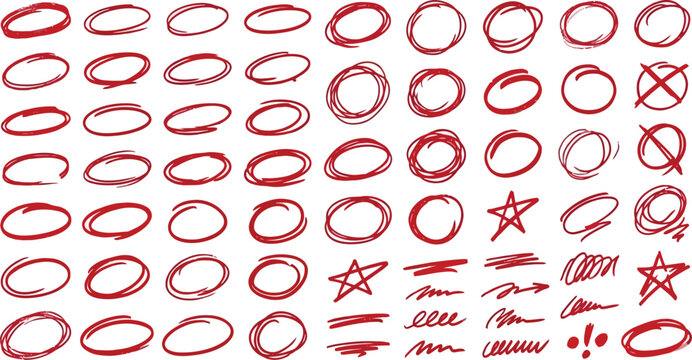 Red grunge circle and scribble shapes hand drawn brush strokes illustration isolated on transparent background
