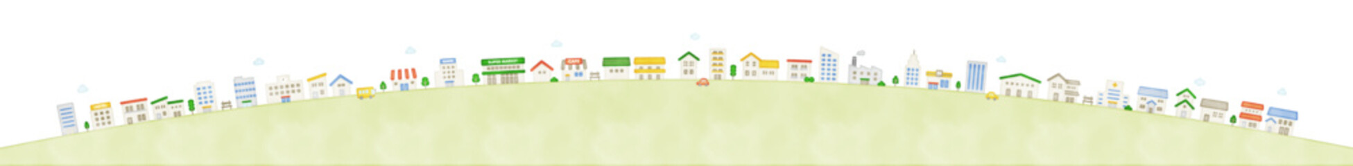 水彩風　家と建物が連なるかわいい街並み 住宅が並ぶタウンイラストベクター