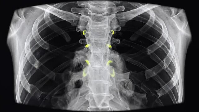 Diagnostic scan of human upper torso with glowing highlights on the vertebral column.