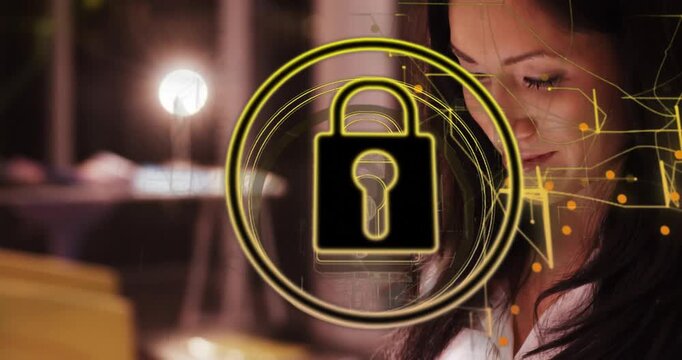 Woman tapping tablet starting lock icon expanding while camera revealing smile confirming security