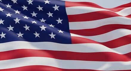 A close-up of a U.S. flag waving in the breeze, with vivid red, white, and blue colors