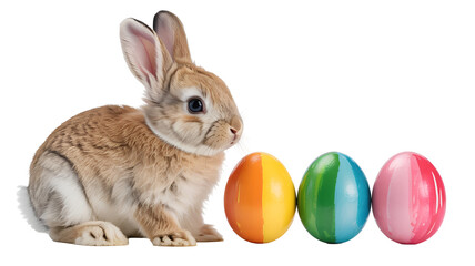 Obraz premium Cute brown rabbit sitting next to colorful easter eggs isolated on transparent white background png