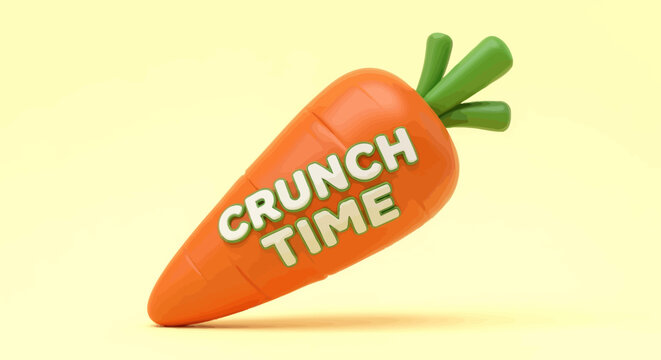 Vector illustration of single orange carrot with green leaves and 'CRUNCH TIME' text