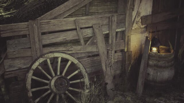 Lantern glowing next to cart wheel and barrel, staged rustic prop with aged planks and climbing ivy, cinematic low light evokes period drama set dressing