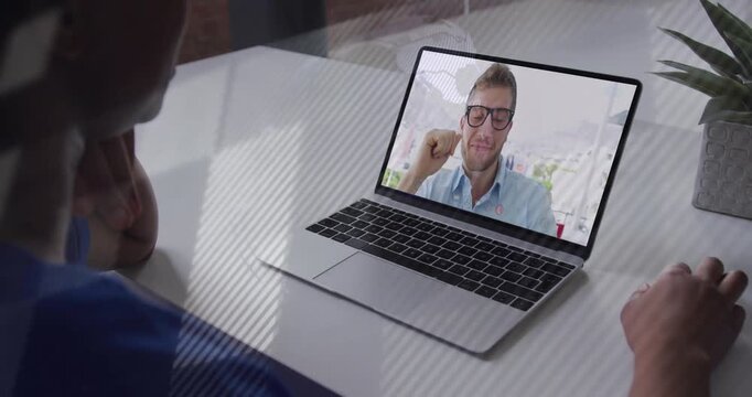 Laptop host greeting and gesturing, woman leaning forward during work call, map overlay appearing