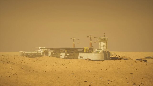 Mars mining depot on barren plain, heavy cranes flank processing modules and ore hoppers, conveyor lines stretch across red dust, industrial extraction