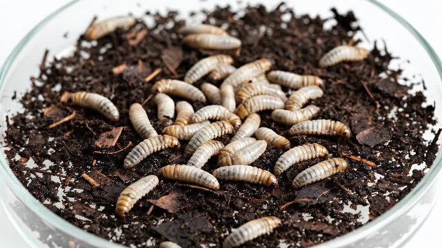 Abundant Black Soldier Fly Larvae thriving in rich organic compost soil within a transparent petri dish showcasing biological decomposition and nutrient cycling laboratory setting