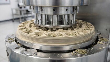 Rotary press tablet compression process captured in medium shot showing multiple punches compressing herbal powders simultaneously for efficient tablet production.
